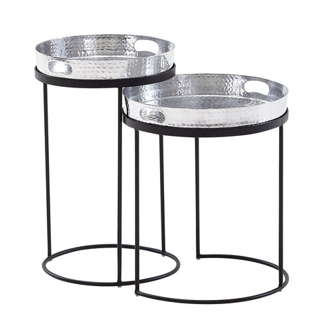 Rootz Round Coffee Table - Set of 2 Silver-Black Metal Hammer Finish Nesting Tables - Round Coffee Table with Removable Tray - Modern 2-Piece Tray Sofa Table