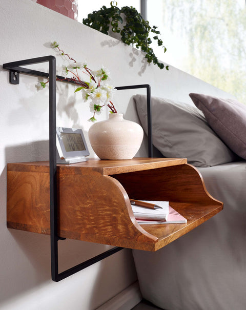 Rootz Bedside Table - Wall Mounted - Nightstand with Shelf - Floating Wall Board for Box Spring Bed - Hanging Wall Console - Solid Mango Wood - 44x45x35 cm