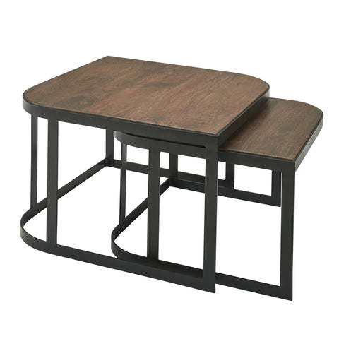 Rootz Coffee Tables - Dark Industrial Living Room Tables - Black Metal Leg Nesting Side Tables - 2-Piece Wooden Placemat Nesting Tables -  Set of 2 Mango Solid Wood and Metal