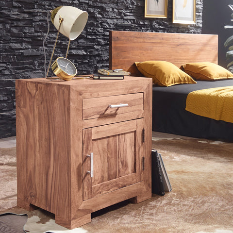 Rootz Bedside Table - Acacia Wood - Design with Drawer and Door - Ideal for Box Spring Bed - 60 cm