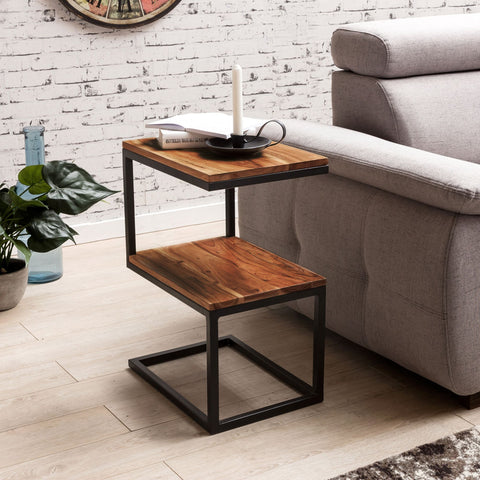 Rootz Side Table - S-Shape Solid Wood Sheesham with Metal - Country Style Living Room Table - Square Storage Table - 45 x 60 x 30 cm