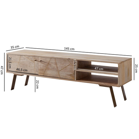 Rootz TV Dresser - Mango Wood - Solid Wood Country Style - 2-Door Base Cabinet - 145x47x35cm