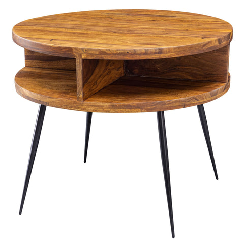 Rootz Side Table - Sheesham Solid Wood - Metal Living Room Table - Design Round Coffee Table with Shelf - Small Brown Table - (60x45x60 cm)