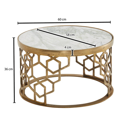 Rootz Coffee Table - Gold Metal Design - Round Living Room Table - Modern Small Coffee Table - Side Table for Living Room - White Marble - 60x60x36 cm
