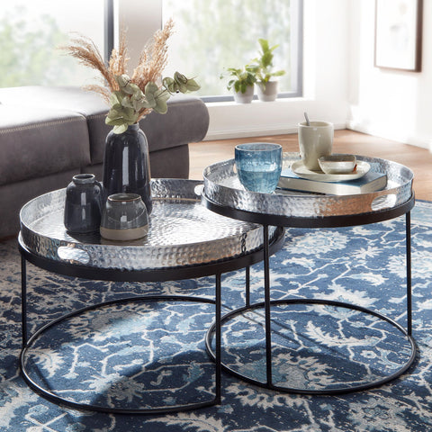 Rootz Round Side Table - Set of 2 Silver-Black Metal Hammer Finish Nesting Tables - Round Coffee Table with Removable Tray - Modern 2-Piece Tray Sofa Table