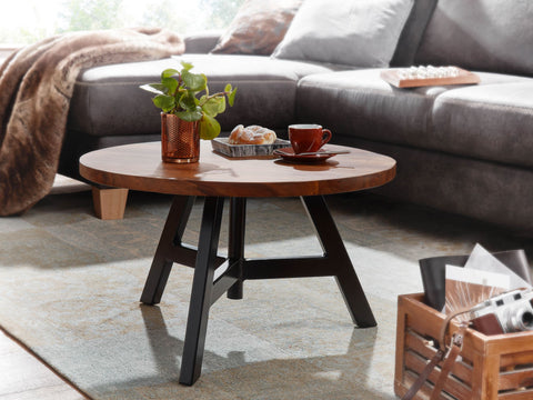 Rootz Coffee Table - Round Metal Coffee Table - Design Living Room Table - Modern Small Side Table - Solid Sheesham Wood - 60x60x35 cm