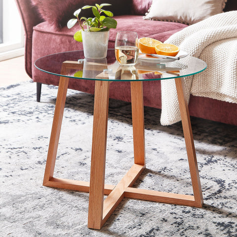 Rootz Coffee Table - Solid Oak with Round Glass - Modern Design for Small Living Room - Wooden Table - 58x58x47 cm