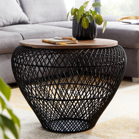 Rootz Round Coffee Table - Black with Storage - Modern Design - Wire Basket - Mango Wood & Metal - 60x60x45 cm