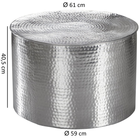 Rootz Side Table - Oriental Round Silver - Aluminum - Flat Hammered Metal Coffee Table - Modern Design Living Room Table - Small Indian Lounge Table - 61x40.5x61cm