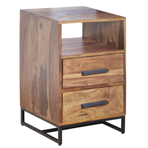 Rootz Industrial Bedside Table - Design with 2 Drawers - Storage Space for Box Spring Beds - Solid Sheesham Wood-Metal - 40x35x66cm