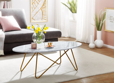 Rootz White Marble Look Coffee Table - Metal Frame Living Room Table - Oval Lounge Table - 120x40x60 cm
