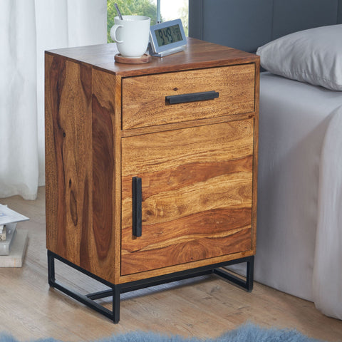 Rootz Industrial Bedside Table - Design with Drawer and Door - Storage Space for Box Spring Beds - Solid Sheesham Wood-Metal - 45x35x65cm