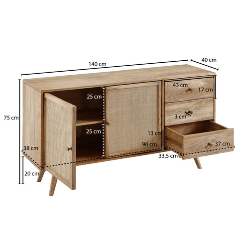 Rootz Sideboard - 3-Drawer Chest - High Solid Wood Chest - Living Room Standing Cabinet - 2 Door Compartments - Solid Mango Wood - 140x75x40cm