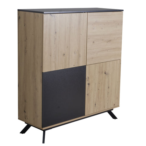 Rootz Highboard 4-Door Chest of Drawers - Modern Hall Cabinet - Freestanding Sideboard with Metal Legs - Black MDF - Oak Decor - 110x125x40 cm v