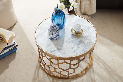 Rootz Coffee Table - Gold Metal Design - Round Living Room Table - Modern Small Coffee Table - Side Table for Living Room - White Marble - 60x60x36 cm
