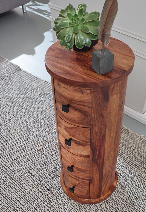 Rootz Sideboard - 4-Drawer Cabinet - Narrow Solid Side Cabinet - Round Mini Dresser - Sheesham Solid Wood - 35x85x35cm