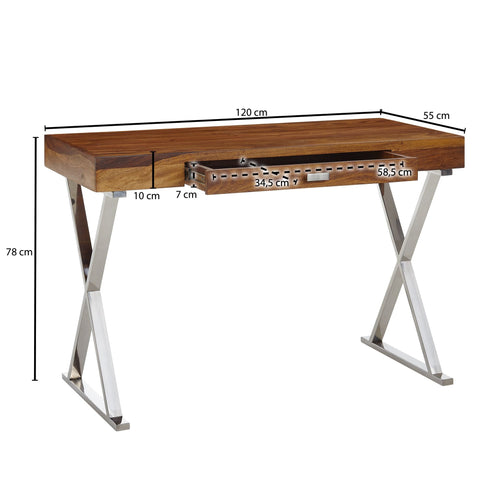 Rootz Desk - Chrome Metal - Design Office Table with Drawer - Home Office Laptop Table with Storage - Solid Sheesham Wood - 120x55x78 cm