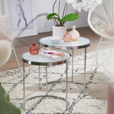 Rootz Round Side Table Set - White Silver - Glass Top - Living Room Nesting Table - Milk Glass Coffee Table - 50-42 cm
