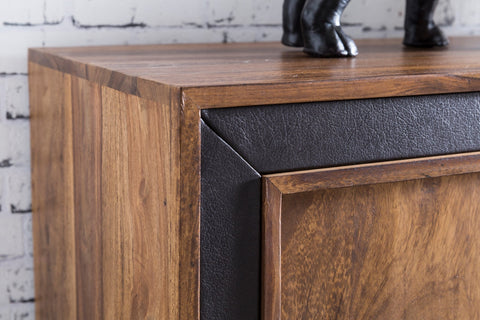 Rootz Sideboard - Sheesham Solid Wood - Rustic Country Style - Chest with Drawers and Doors - Imitation Leather - 160x44x80cm