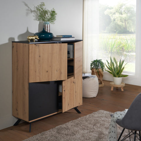 Rootz Highboard 4-Door Chest of Drawers - Modern Hall Cabinet - Freestanding Sideboard with Metal Legs - Black MDF - Oak Decor - 110x125x40 cm v
