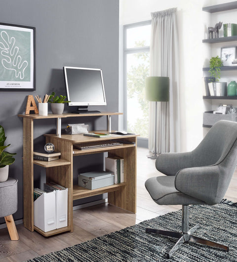 Rootz Computer Desk - Sonoma Oak - Keyboard Extension - Space-saving PC Table with Printer Storage - Desk for Small Rooms - 94 x 90 x 48 cm