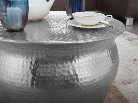 Rootz Coffee Table - Silver Aluminum Side Table - Oriental Round Coffee Table - Hammered Metal Living Room Table - Modern Indian Style Lounge Table - 60x30.5x60cm