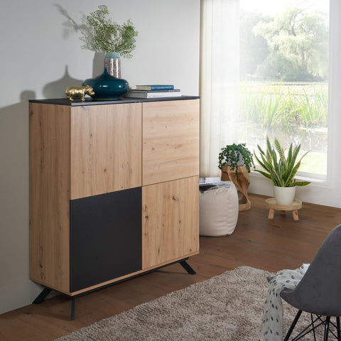 Rootz Highboard 4-Door Chest of Drawers - Modern Hall Cabinet - Freestanding Sideboard with Metal Legs - Black MDF - Oak Decor - 110x125x40 cm v