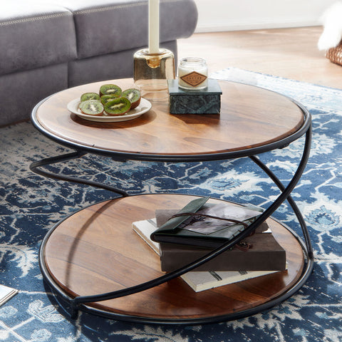 Rootz Coffee Table - Round Metal Coffee Table - Modern Living Room Table with Storage - Small Side Table -  Solid Sheesham Wood - 58x58x35 cm