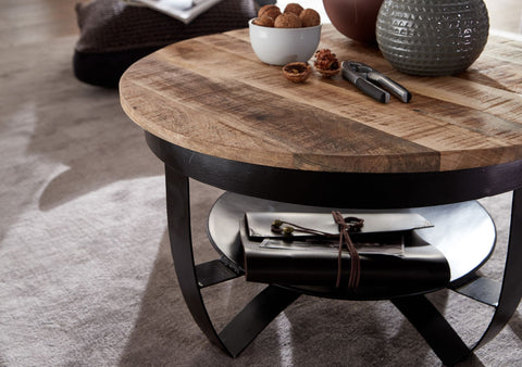 Rootz Industrial Round Coffee Table - Mango Solid Wood and Metal - Black - Solid Living Room Table - Small Coffee Table - 60x34x60 cm