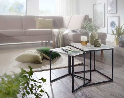 Rootz Side Table Set - Marble-Look - Black Table Frame - Modern Nesting Tables - White (Set of 2)