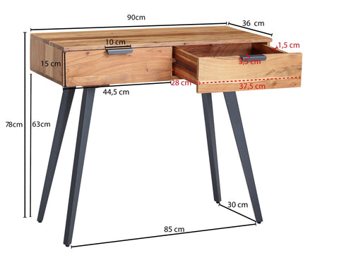 Rootz Console - Metal Console with Drawers - Small Desk, Modern Dressing Table - Solid Hall Table - Acacia Solid Wood - 90x78x36cm