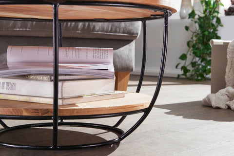 Rootz Round Coffee Table - Acacia Solid Wood - Metal Legs - Industrial Brown - Design Living Room Table with Shelf - (60x34.5x60 cm)
