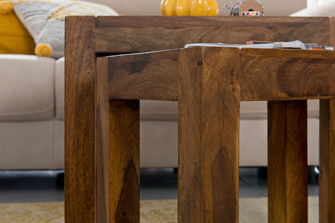 Rootz Nesting Tables - Set of 3 - Solid Wood Sheesham - Dark Brown - Natural Wood - Country House Style - Side Tables