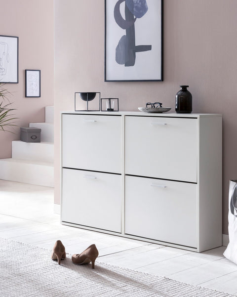 Rootz Modern Shoe Cabinet - White Shoe Rack with 4 Compartments - Design Shoe Storage - Shoe Cupboard with Shelf - High Corridor Chest - 120x81x24cm