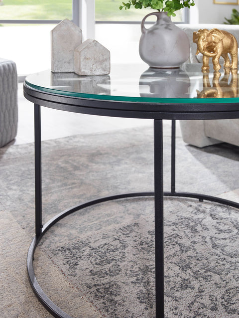 Rootz Black Coffee Table with Decorative Clock - Glass & Metal - Modern Design - Small Round Table - 60x60x43 cm