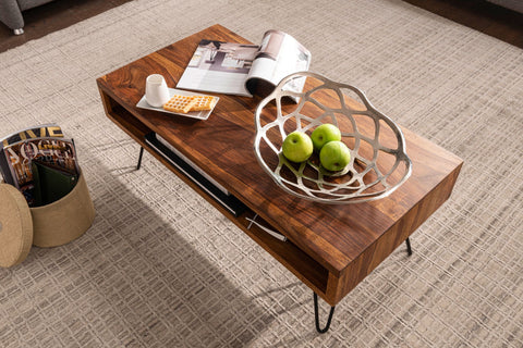 Rootz Coffee Table - Sheesham Solid Wood - Metal Coffee Table - Design Rectangular Coffee Table - Large Living Room Table (100x40x50 cm)