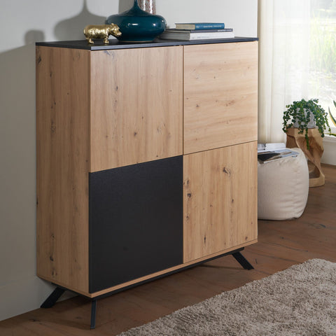 Rootz Highboard 4-Door Chest of Drawers - Modern Hall Cabinet - Freestanding Sideboard with Metal Legs - Black MDF - Oak Decor - 110x125x40 cm v