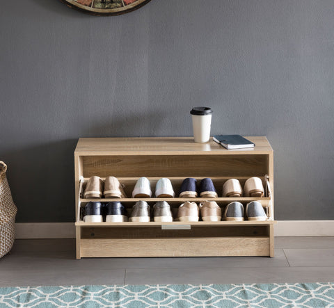 Rootz Shoe Rack Wood - Sonoma Oak - Small Closed Floor Bench - Narrow Hallway Bench with Storage - Single Bench Shoe Cabinet - 80 x 47 x 24 cm