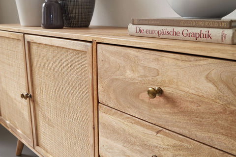 Rootz Sideboard - 3-Drawer Chest - High Solid Wood Chest - Living Room Standing Cabinet - 2 Door Compartments - Solid Mango Wood - 140x75x40cm