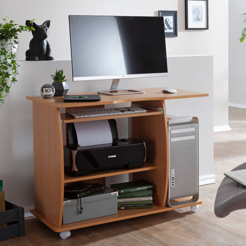 Rootz Computer Desk -  Rollable Beech - Keyboard Tray - Lockable Castors - Printer Storage - Space-saving Design - 90 x 71 x 50 cm