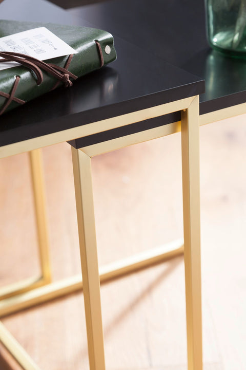 Rootz Black-Gold Table Set - Modern Metal and MDF Side Tables -  Wooden Plate - 2-Piece Coffee Table - Small Living Room Storage -