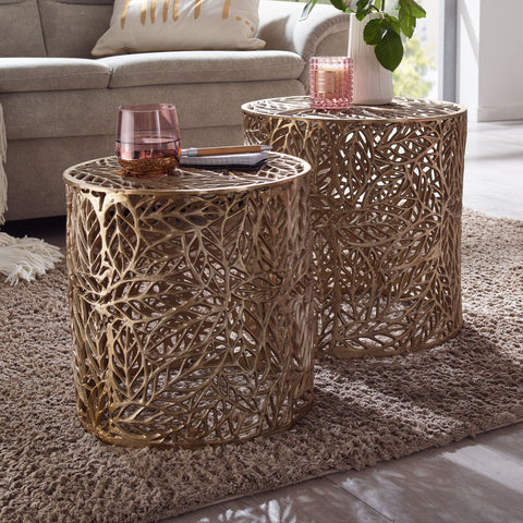 Rootz Nesting Tables - Set of 2 - Gold Aluminum - Modern Design with Flower Pattern - Metal Round Coffee Table for Living Room