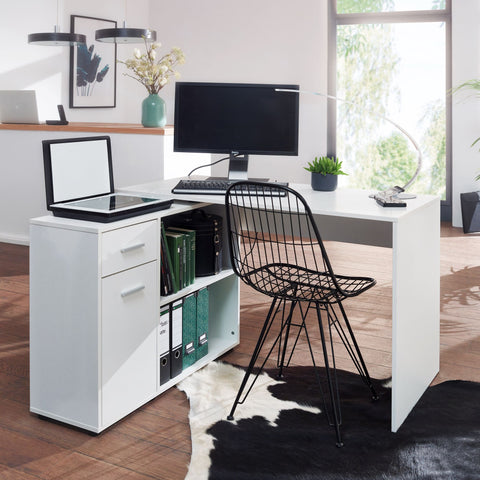 Rootz Corner Desk with Shelf - White Design - Modern Office Desk for Study and Home Office - 120x75.5x106.5cm