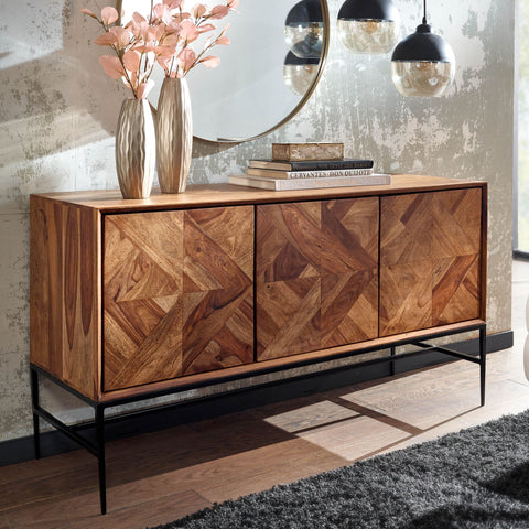 Rootz Sideboard - Industrial Metal Sideboard with Doors - Modern Chest of Drawers - Living Room Cabinet - Solid Sheesham Wood - 123x70x45 cm