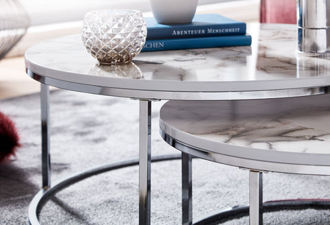 Rootz Coffee Table - White Silver Marble Look - Set of 2 Modern Round Coffee Table - Metal Side Table - Design Nesting Tables
