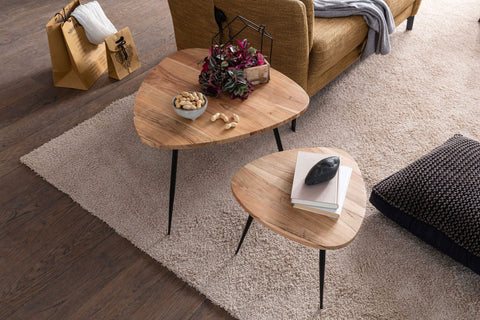 Rootz Nesting Tables - Set of 2 - Acacia Solid Wood - Metal Coffee Table - Modern Design Side Table Set - Living Room Table with Metal Frame