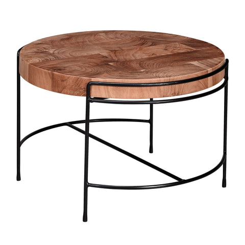 Rootz Coffee Table - Round Living Room Table with Metal Legs - Small Designer Industrial Table - Acacia Solid Wood - Metal - 62x40x62 cm