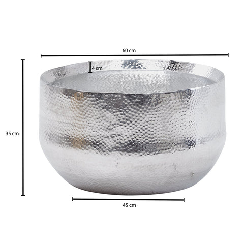 Rootz Coffee Table -  Silver Aluminum - Small Round Hammered Living Room Table - Oriental Design Round Aluminum Coffee Table - 60x60x35 cm