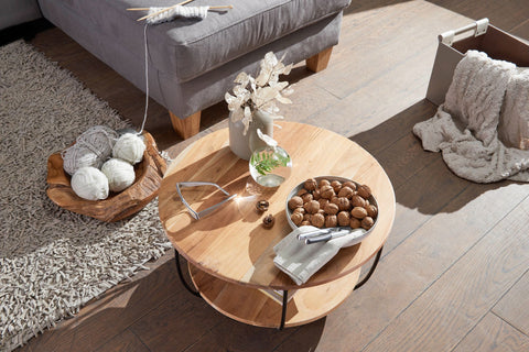 Rootz Round Coffee Table - Acacia Solid Wood - Metal Legs - Industrial Brown - Design Living Room Table with Shelf - (60x34.5x60 cm)