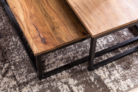 Rootz Table Set - Sheesham Wood - Living Room - Solid Wood Design - Palisander Lounge Table with Metal Legs - 75 x 75 x 27 cm